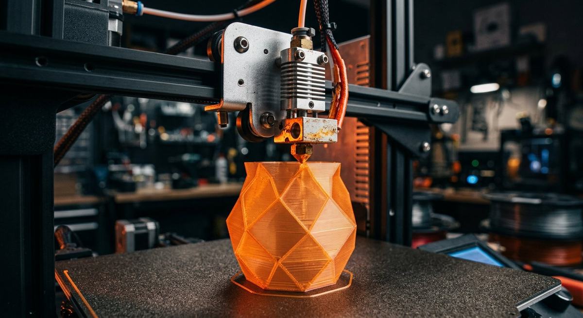 3D printer extruding orange filament